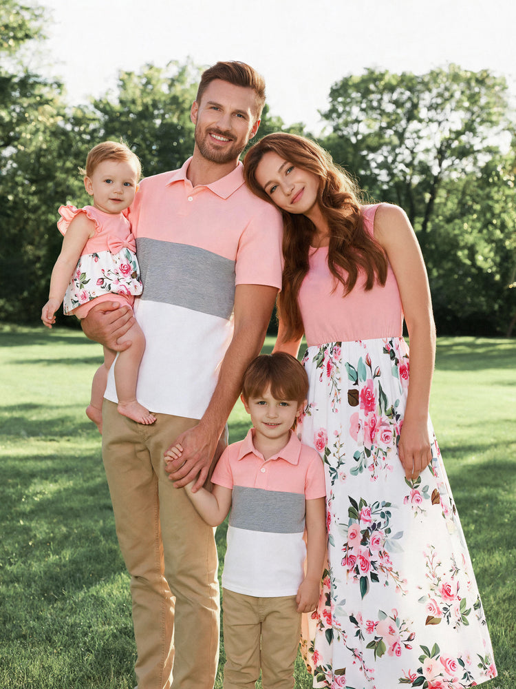 Family Matching Pink Sleeveless Splicing Floral Print Midi Dresses and Colorblock Short-sleeve Polo Shirts Sets Pink