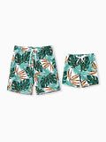 Daddy & Son Allover Plants Print Swim Trunks Shorts  Dark Green