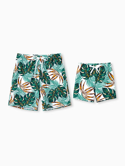 Daddy & Son Allover Plants Print Swim Trunks Shorts  Dark Green