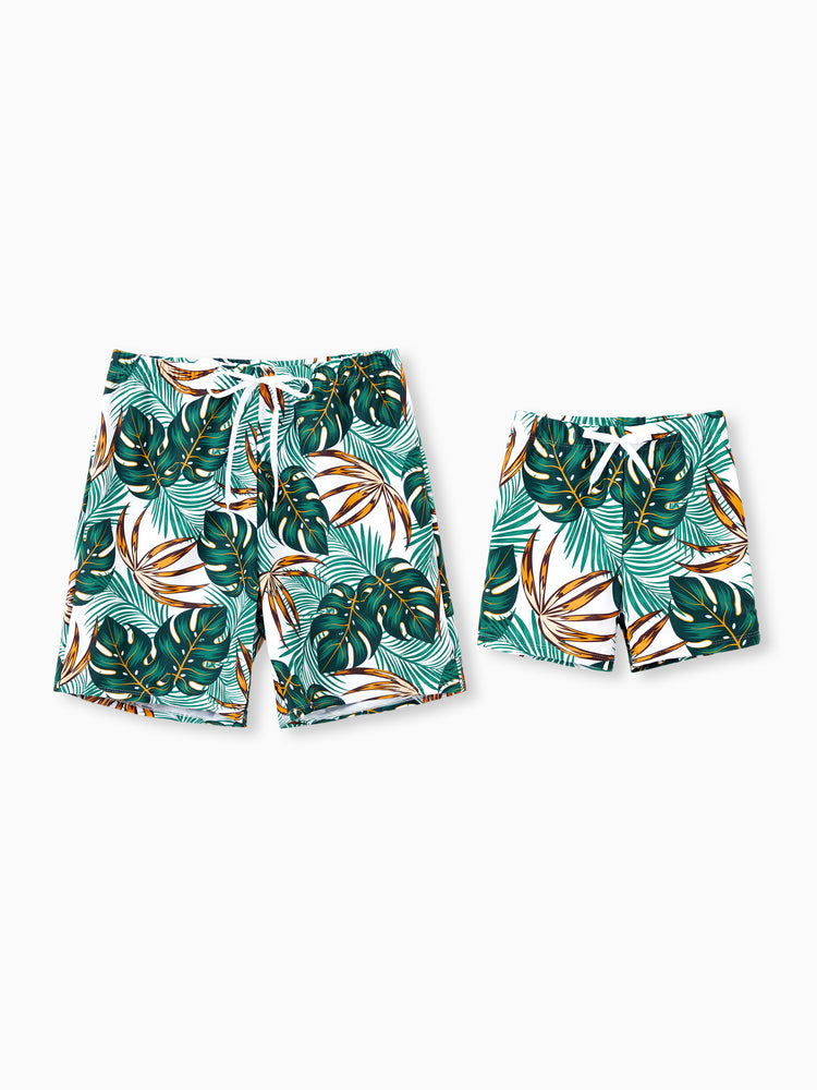 Daddy & Son Allover Plants Print Swim Trunks Shorts  Dark Green