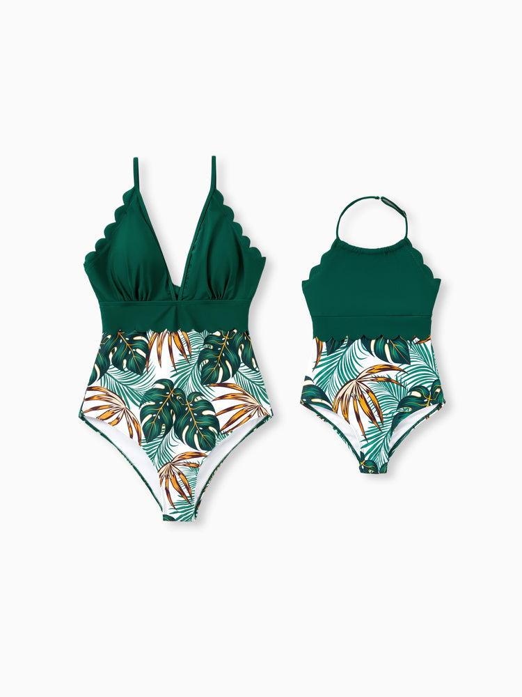 Mommy & me Allover Plants Print V Neck Spaghetti Strap Splicing One-Piece Swimsuit Dark Green