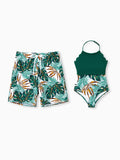 Daddy & Daughter Allover Plants Print Swim Trunks Shorts and Spaghetti Strap Splicing One-Piece Swimsuit Dark Green