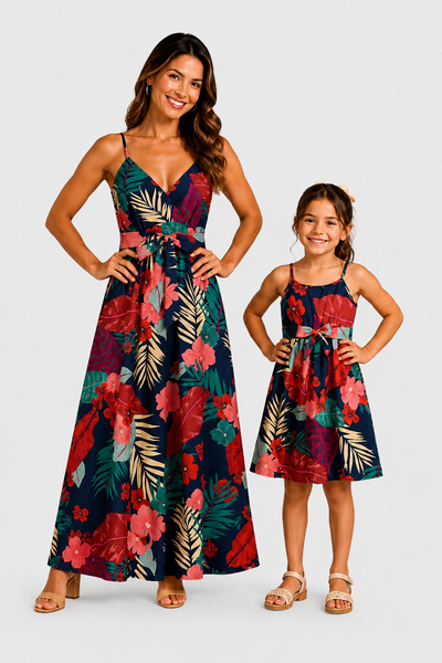 Mommy and Me Family Matching Sets Floral Panel Black tee and V-neck Strap Dress with Hidden Snap  Deep Blue