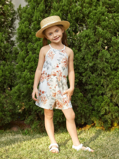Kid Girl Floral Print Halterneck Jumpsuit Beige