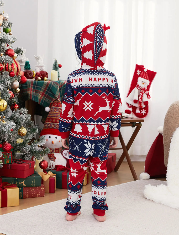 Christmas Matching Family Pajamas Set 3D Reindeer Hooded Allover Snowflake Print Red and Blue Onesie PJS with Christmas Socks Red-2