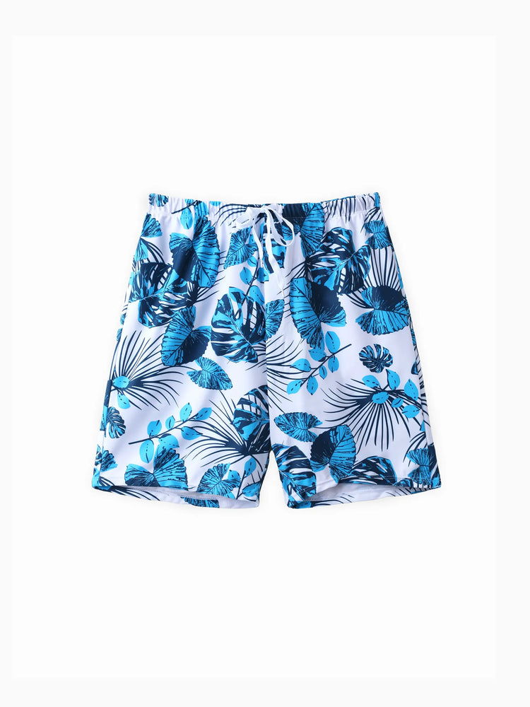 Family Matching Drawstring Swim Trunks or Cut Out Lace UP Back One-Piece Swimsuit BLUEWHITE