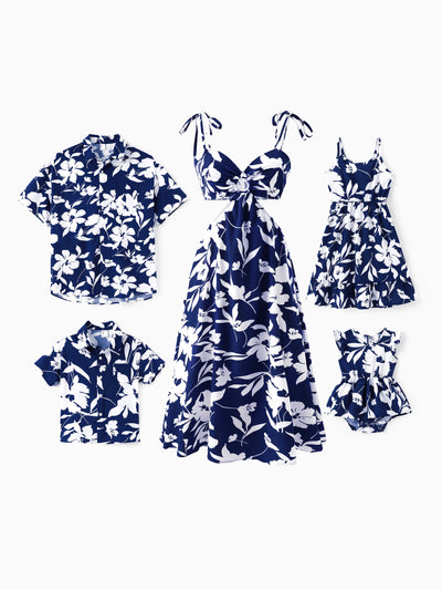 Ensemble familial assorti avec chemise à manches courtes ou robe froncée à imprimé feuilles bleu