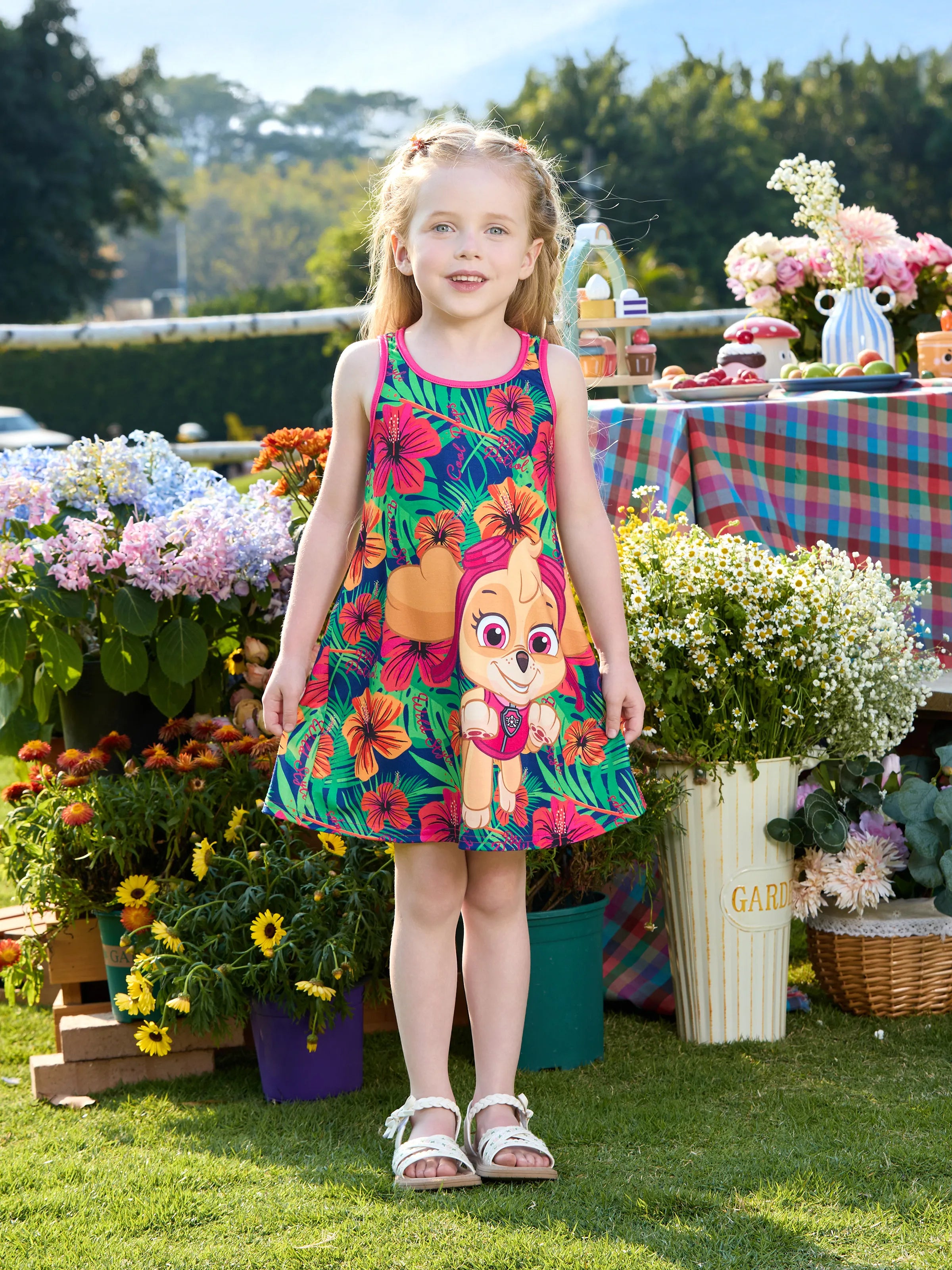 PAW Patrol Toddlers 1pc Skye Tropical Plant Sleeveless Dresse Hot Pink