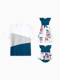 Daddy & Daughter Solid V Neck Flutter-sleeve Splicing Floral Print Dresses and Short-sleeve Colorblock T-shirts Sets Azure-