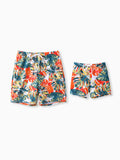 Daddy & Son Orange and All Over Tropical Plant Print Splicing Ruffle Swim Trunks Shorts Orange color