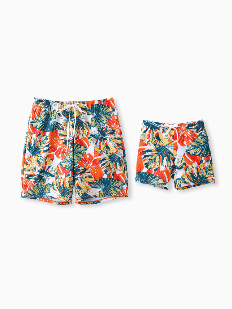 Daddy & Son Orange and All Over Tropical Plant Print Splicing Ruffle Swim Trunks Shorts Orange color