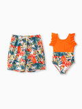 Daddy & Daughter Orange and All Over Tropical Plant Print Splicing Ruffle One-Piece Swimsuit and Swim Trunks Shorts Orange color