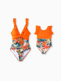 Mommy & me Orange and All Over Tropical Plant Print Splicing Ruffle One-Piece Swimsuit Orange color