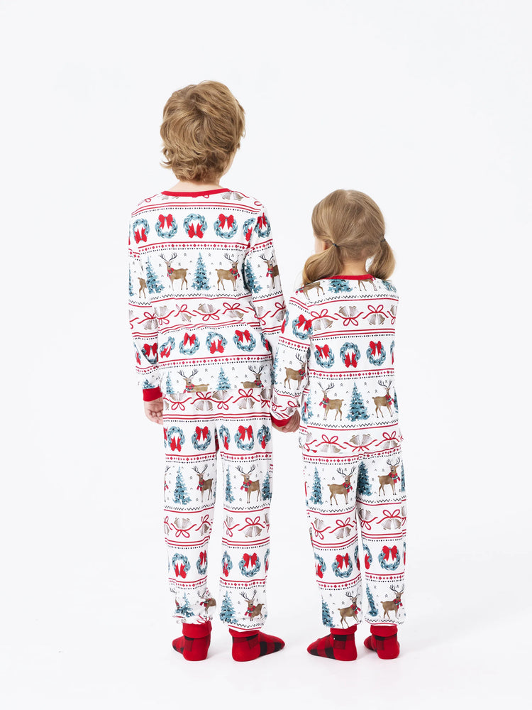 Ensemble pyjama de Noël assorti pour toute la famille, imprimé élan et clochette, rayé, avec chaussettes de Noël blanches