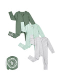 Baby 3-pack long-sleeve bamboo footed onesies with two-way zippers and anti-slip grips, solid green.