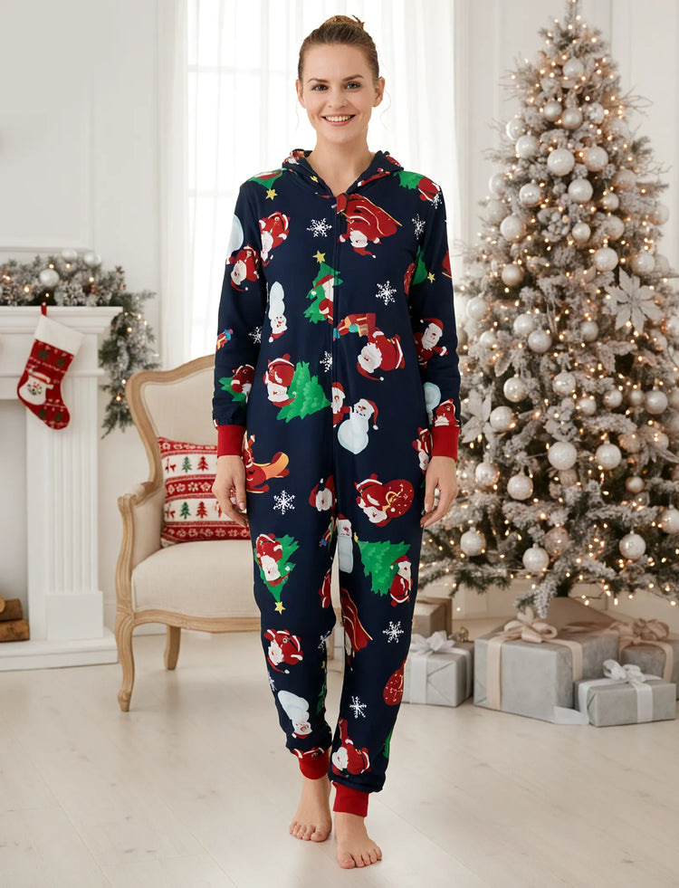 Green Christmas Family Pajamas Sets 3D Reindeer Hooded Santa Allover Print Onesies Pajamas blueblack