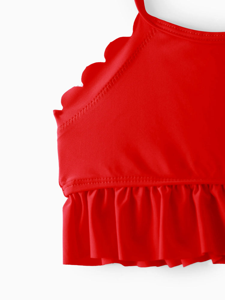 Mommy and Me Family Matching Floral Drawstring Swim Trunks or Ruched Shell Edge Bikini with Optional Swim Cover Up Red