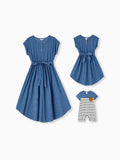 Mommy and Me Family Matching Soft Casual Outfit with Below Knee Dresses, Front Buttons, Belted Design Blue