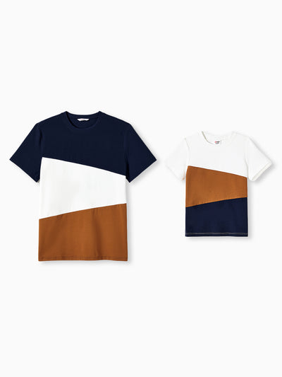 Daddy and Me Family Matching Casual Dress or T-Shirt, Solid Color, Fabric Stitching royalblue