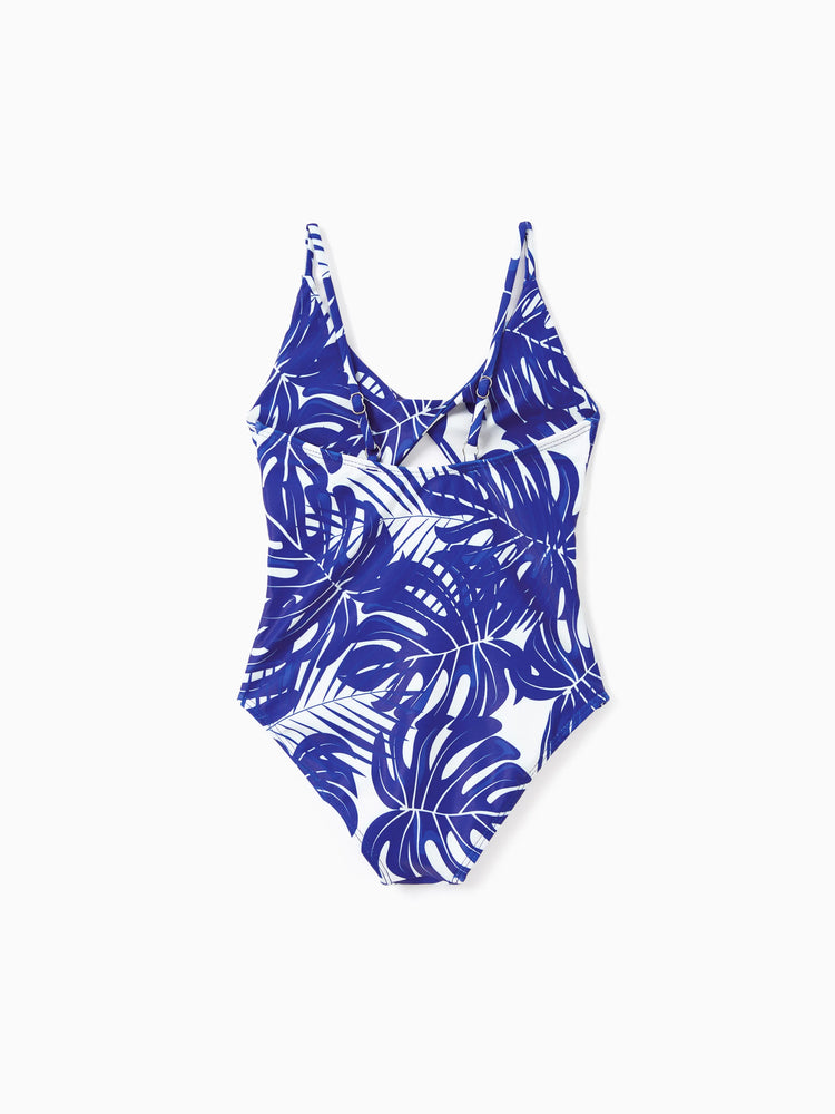Family Matching Tropical Leaf Print Swim Trunks or Hollow-out Crisscross Straps One-piece Swimsuit Blue