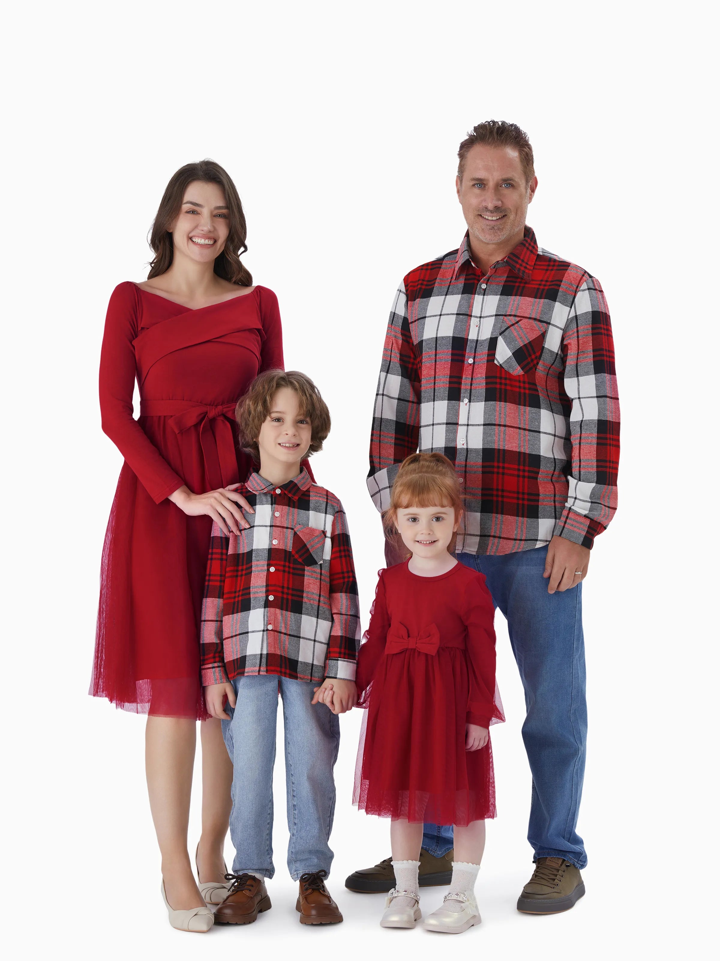 Family Matching Plaid Shirt Tops Mesh Splice Belted Dresses Sets Burgundy