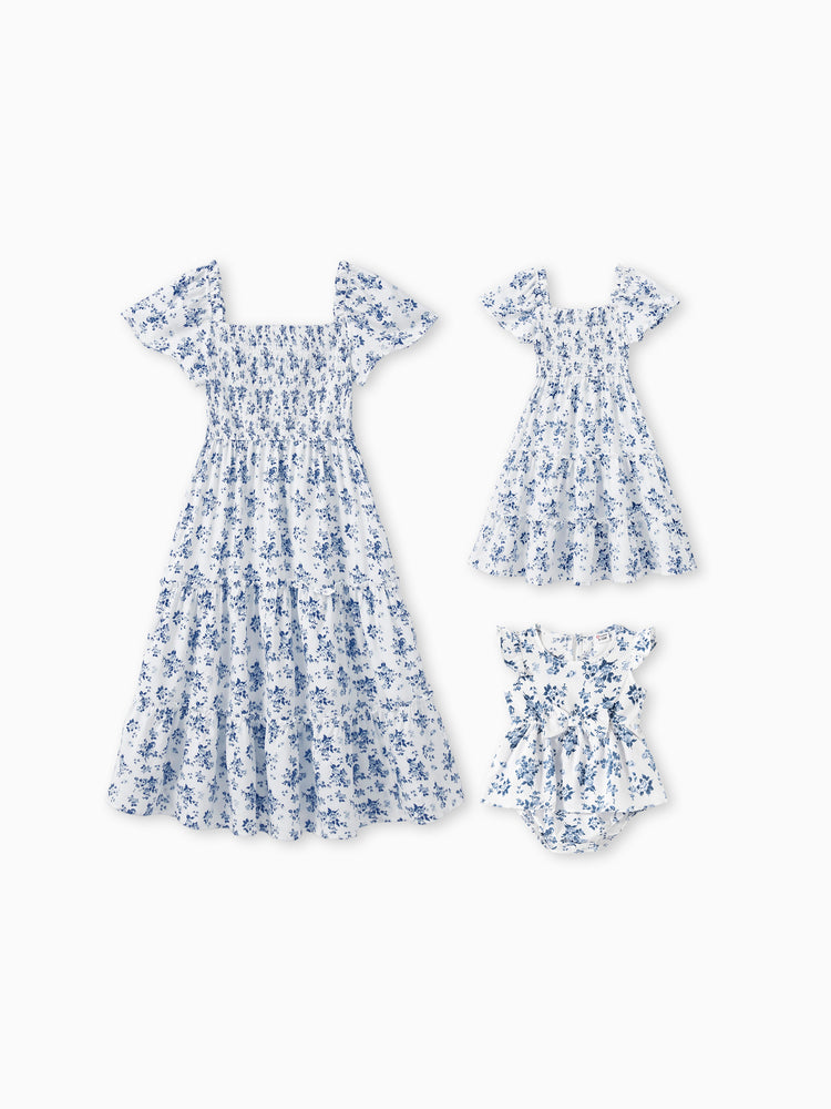 Mommy & me Outfit: Floral Smocking Casual Suit BLUEWHITE