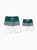 Daddy & Son Colorblock Striped Spliced Swim Trunks Shorts DeepTurquoise