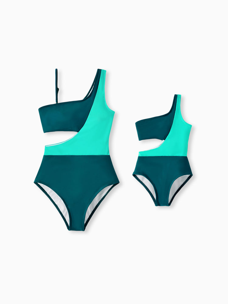 Mommy & me Colorblock One Shoulder Cut Out One-piece Swimsuit  DeepTurquoise