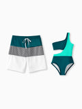 Daddy & Daughter Colorblock One Shoulder Cut Out One-piece Swimsuit and Striped Spliced Swim Trunks Shorts DeepTurquoise
