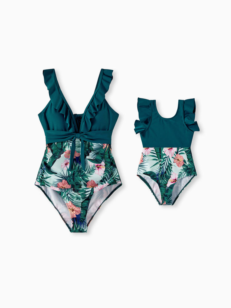 Mommy & me Plant Print Ruffle Trim Spliced One-piece Swimsuit Green