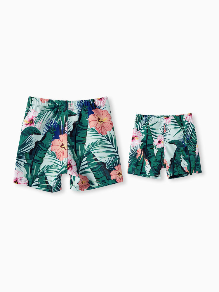 Daddy & Son Plant Print Swim Trunks Green
