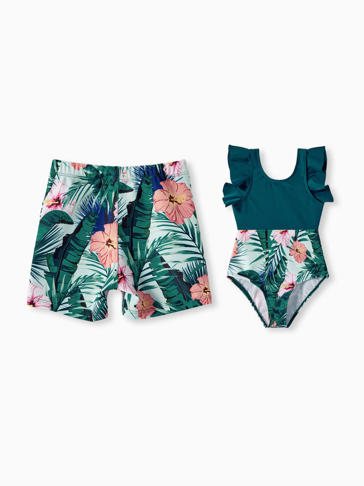 Daddy & Daughter Plant Print Ruffle Trim Spliced One-piece Swimsuit or Swim Trunks Green