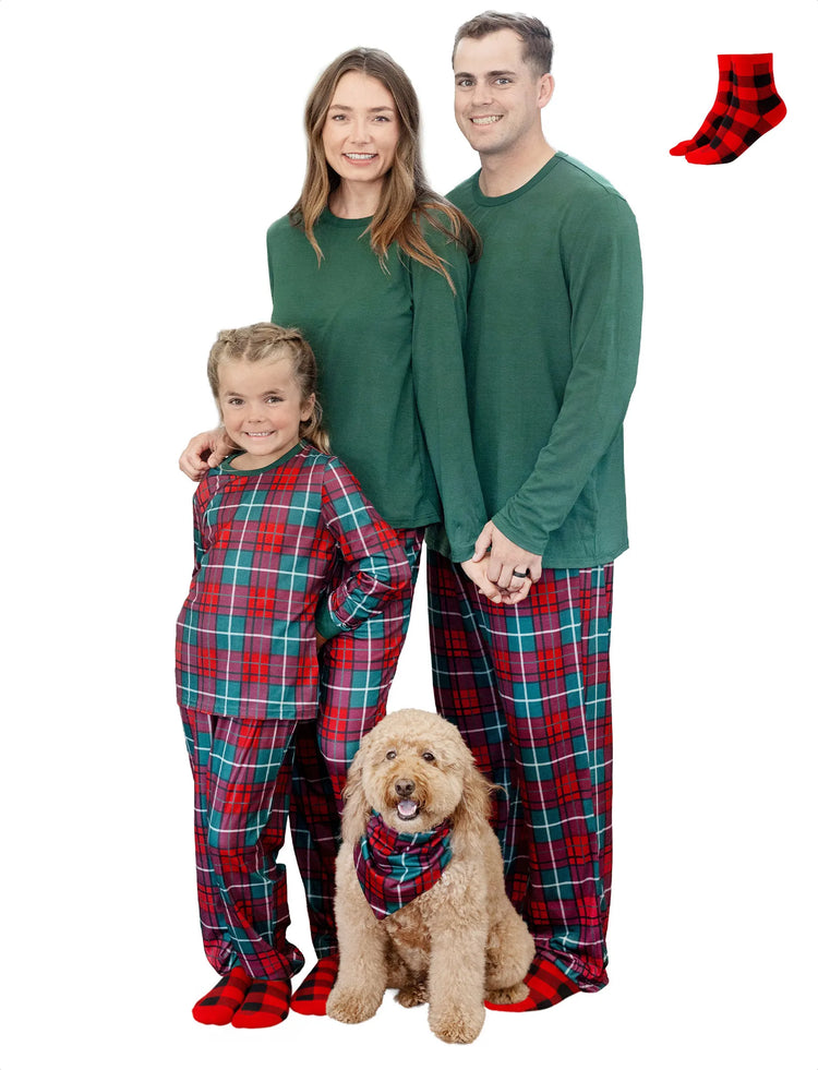 Christmas Matching Family Pajamas Set Allover Red and Green Grid Print Long-sleeve PJS with Christmas Socks Dark Green