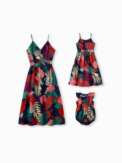 Mommy and Me Family Matching Sets Floral Panel Black tee and V-neck Strap Dress with Hidden Snap  Deep Blue