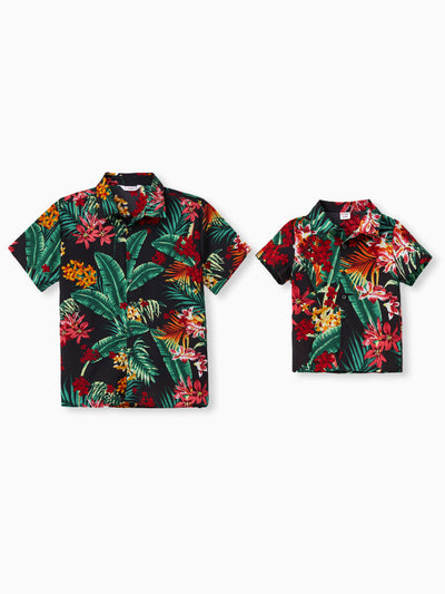 Daddy and Me Family Matching Sets Floral Panel Black tee and V-neck Strap Dress with Hidden Snap  Deep Blue