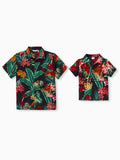 Daddy and Me Family Matching Allover Plant Floral Print Halterneck Dresses and Short-sleeve Shirts Sets Black