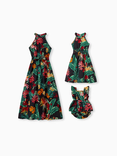 Mommy and Me Family Matching Allover Plant Floral Print Halterneck Dresses and Short-sleeve Shirts Sets Black