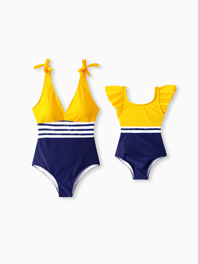 Mommy & me Stripe & Colorblock Spliced One Piece Swimsuit