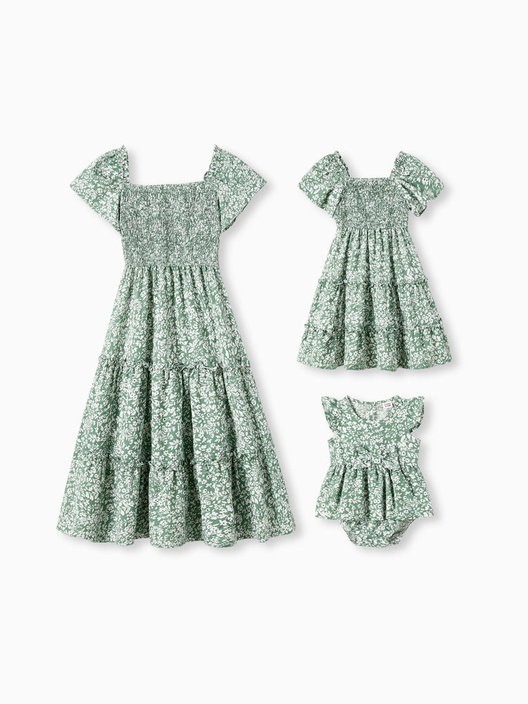 Mommy & me Elegant Broken Flower Matching Outfits for Family, Smocking Design, Medium Thickness Green