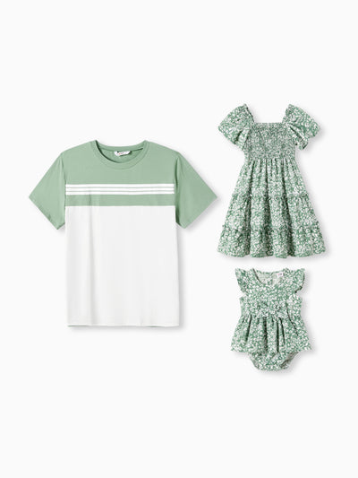 Daddy & Daughter Elegant Broken Flower Matching Outfits for Family, Smocking Design, Medium Thickness Green