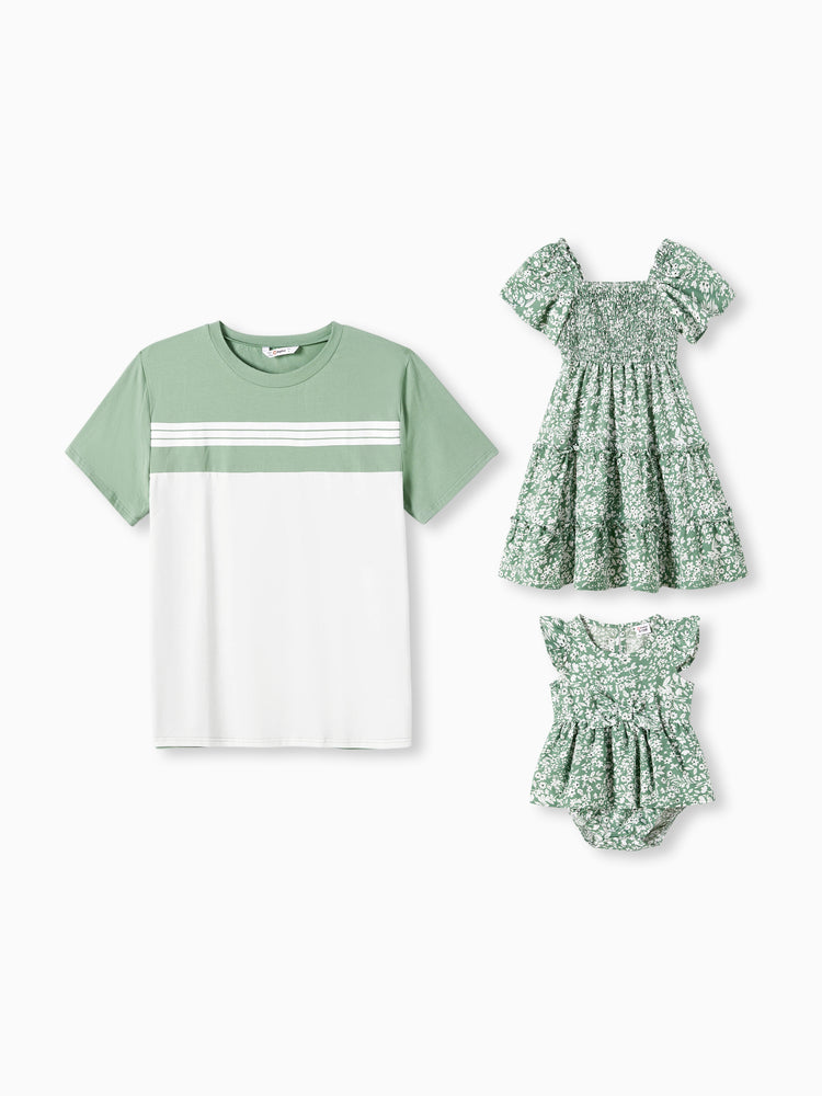 Daddy & Daughter Elegant Broken Flower Matching Outfits for Family, Smocking Design, Medium Thickness Green