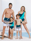 Family Matching Colorblock One Shoulder Cut Out One-piece Swimsuit and Striped Spliced Swim Trunks Shorts DeepTurquoise