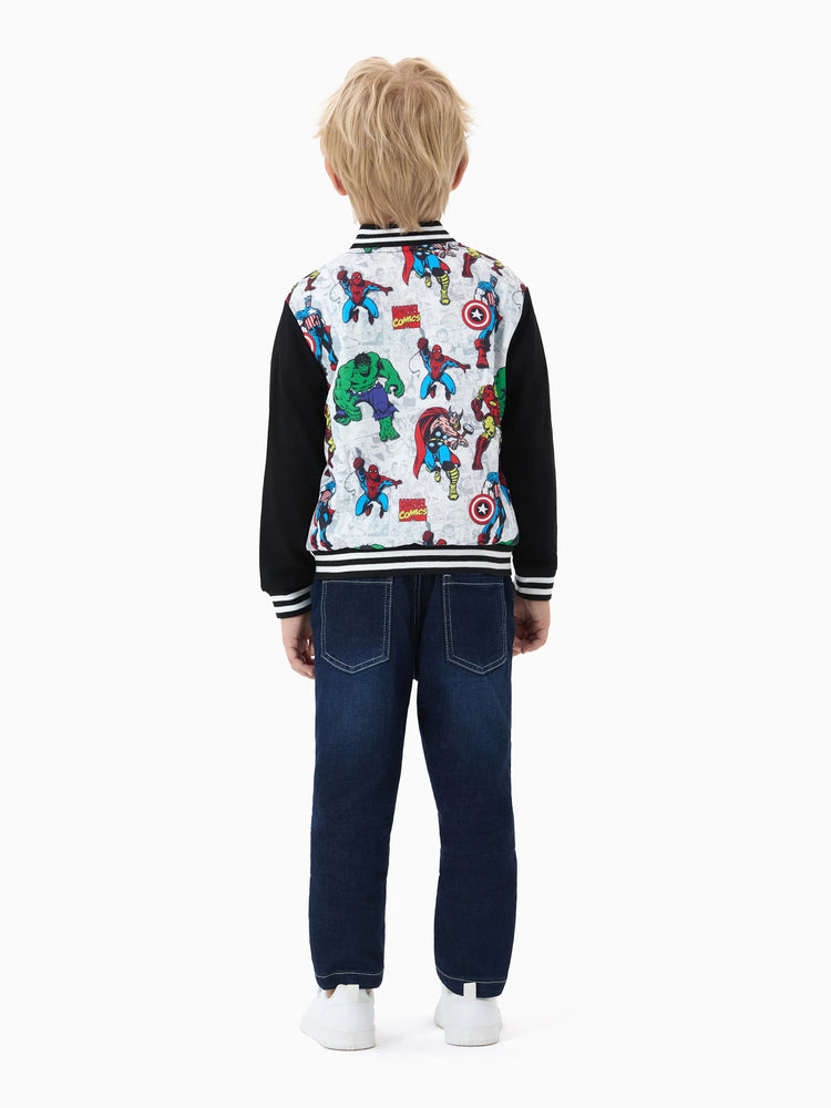 Marvel Toddler/Kids Boy Spider-Man/ Captain America/ IronMan/ Green Hulk Allover Print Stand Collar Jacket Black