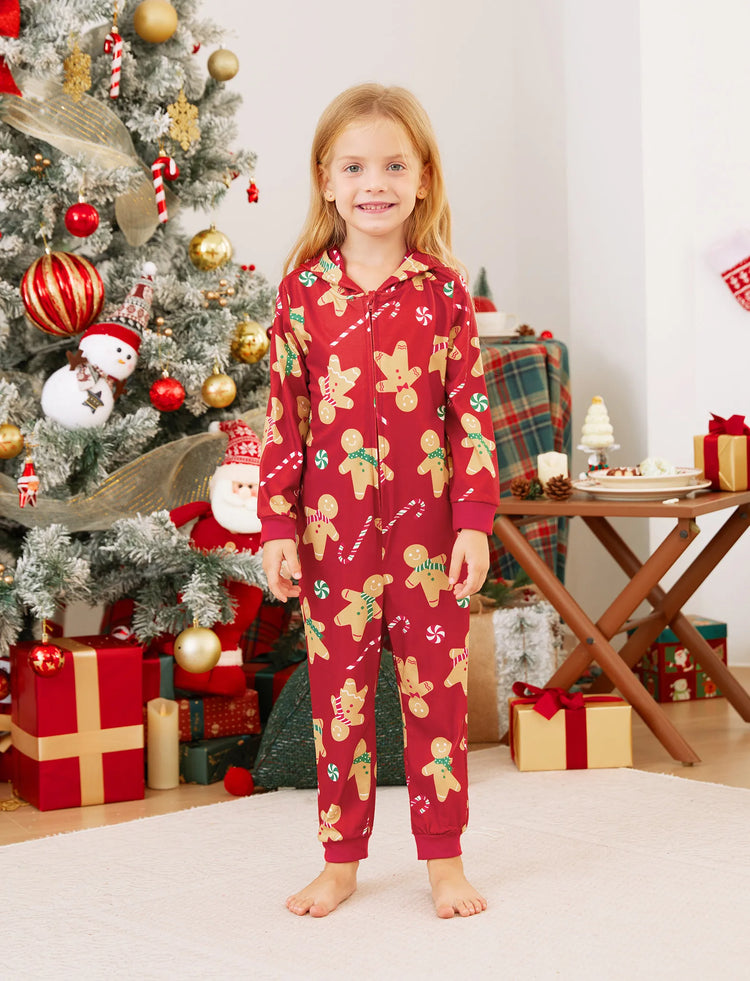Christmas Family Matching Pajamas Sets Gingerbread Man Pattern Onesies Red-2