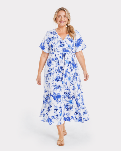 Family Matching Floral Print Short-sleeve Shirt or Tie Waist Dress Set Blue