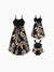 Mommy and Me Family Matching Floral Print Belted Cami Dresses And Solid Short Sleeve Tops Sets Black