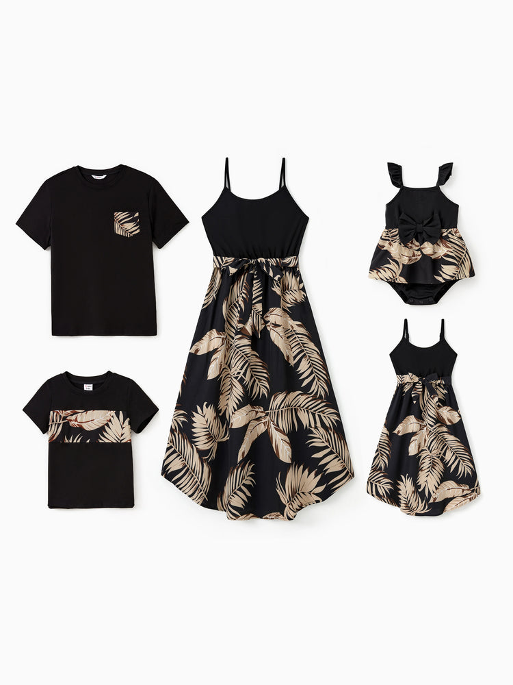 Vestido de playa cami con cinturón estampado floral a juego familiar en negro para mamás