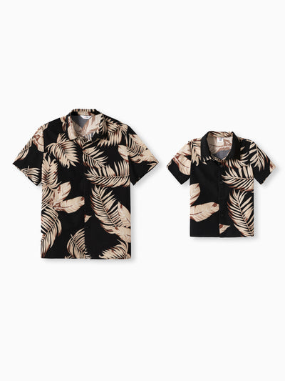 Daddy and Me Family Matching Solid Leaf Sleeveless Halter Dresses And Short Sleeve Tops Sets Black