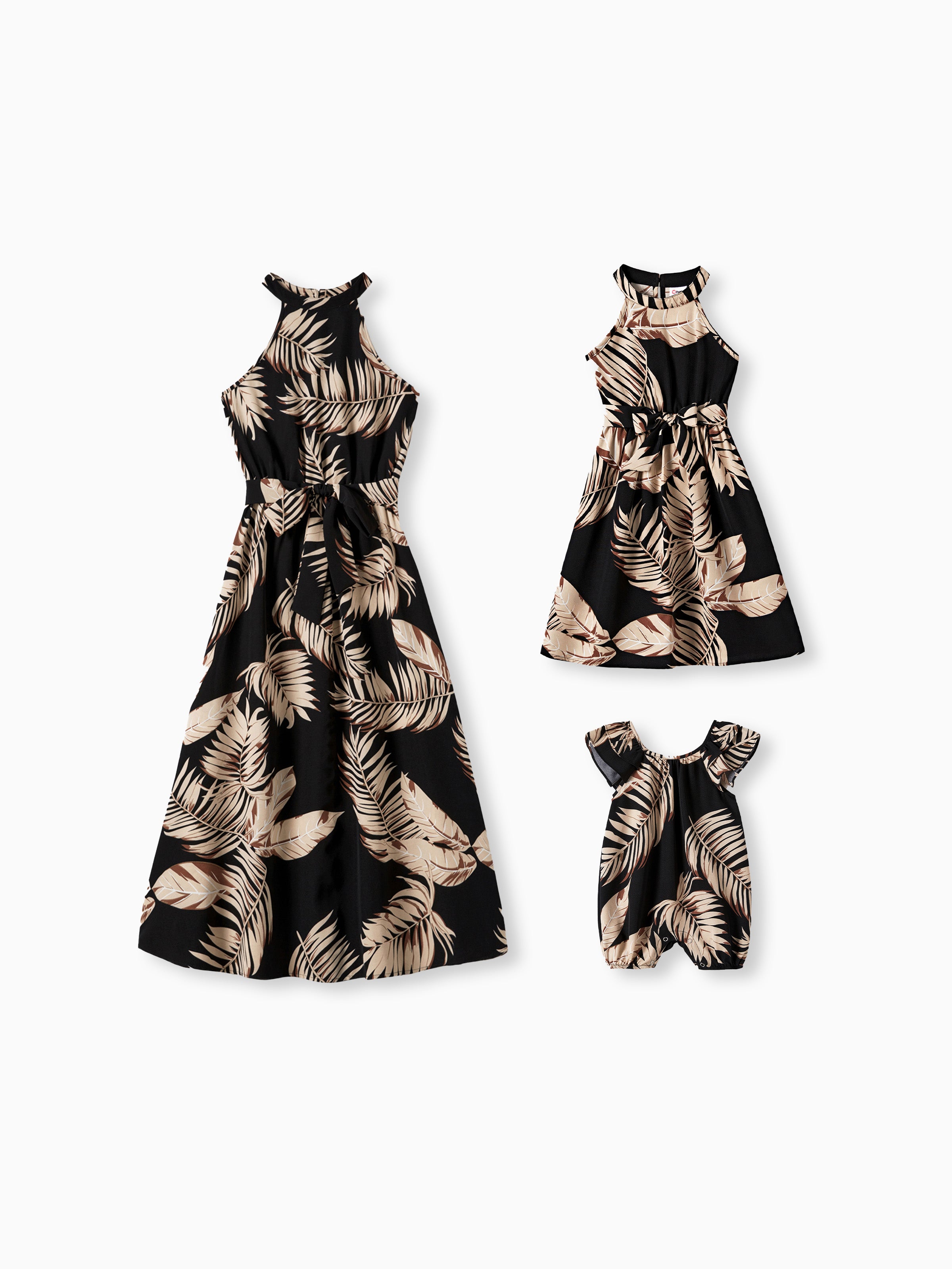 Family Matching Solid Leaf Sleeveless Halter Dresses And Short Sleeve Tops Sets Black, Black / Baby / 6-9M Family Matching Solid Leaf Sleeveless Halter Dresses And Short Sleeve Tops Sets Black, Black / Baby / 6-9M