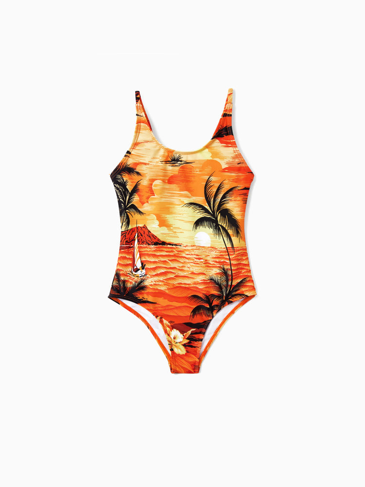 Tropical Hawaiian Swimsuits for Family Matching Swimwear Orange